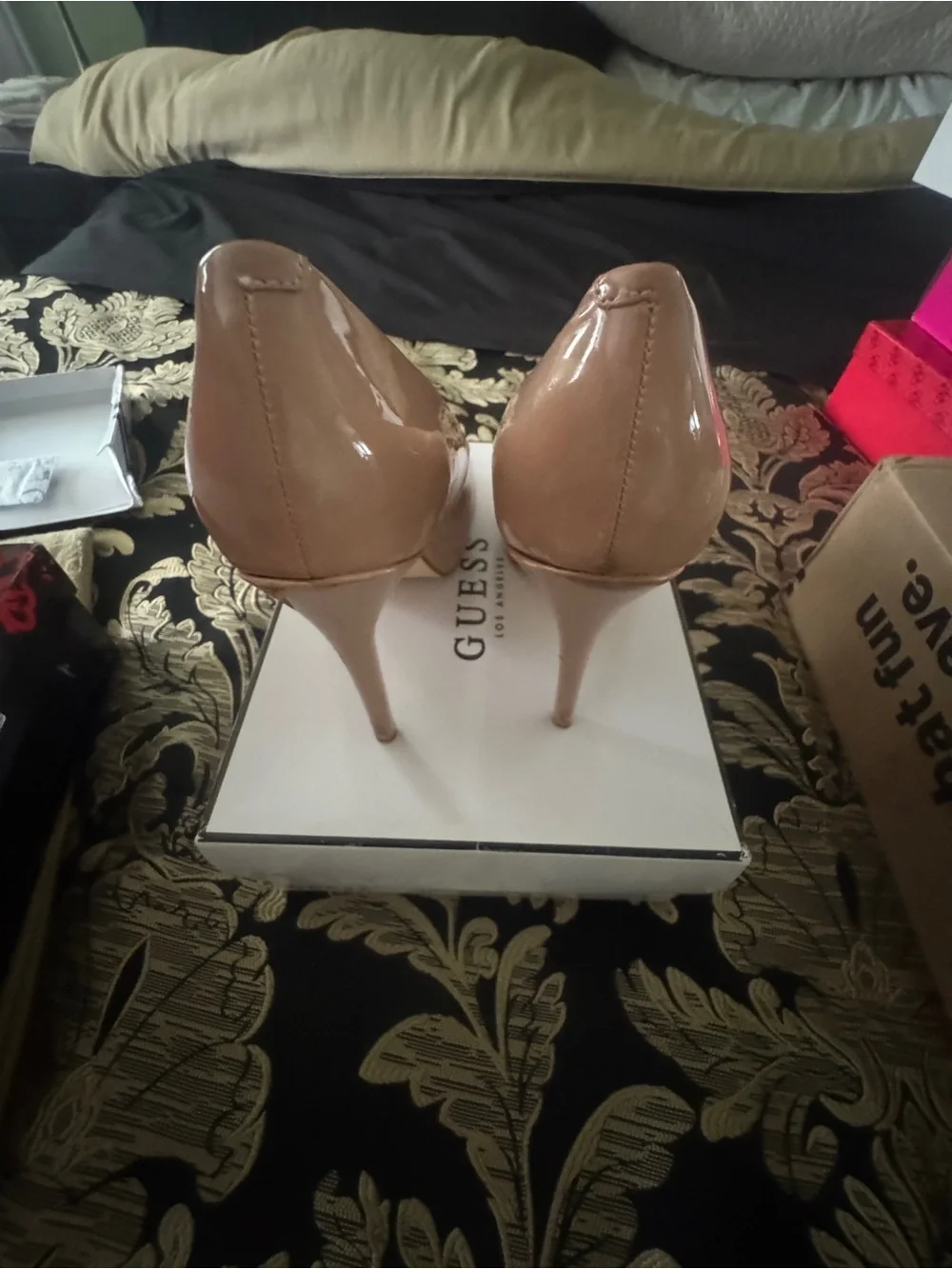GUESS Blush Patent Peep-Toe Platform Pumps